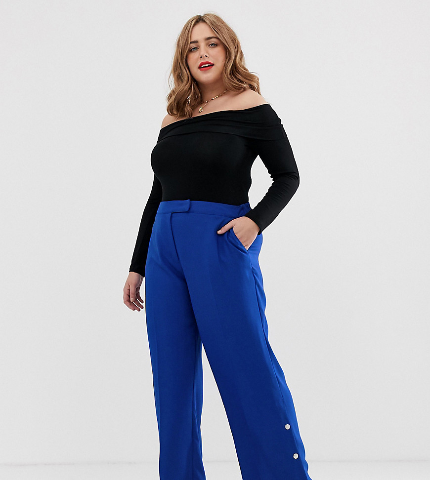 Simply Be wide leg tailored trousers with button detail in cobalt blue