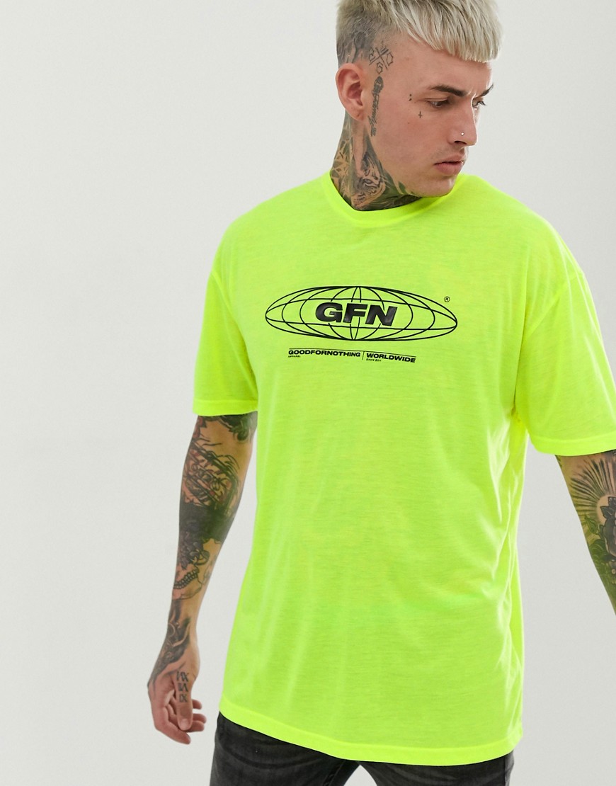 Good For Nothing oversized t-shirt in neon yellow with globe logo