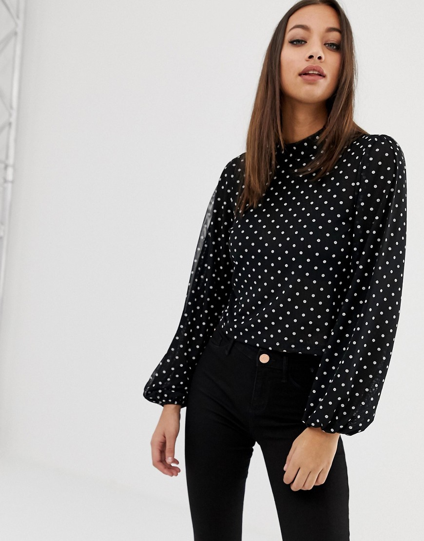 Asos Design Top With Blouson Sleeve And Tie Neck In Spot Mesh Print-black