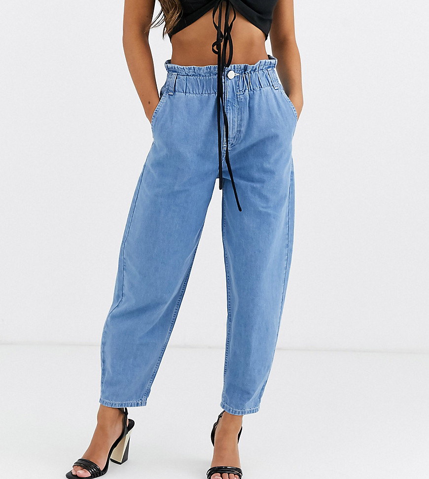 ASOS DESIGN Petite soft peg jeans in light vintage wash with elasticated cinched waist detail
