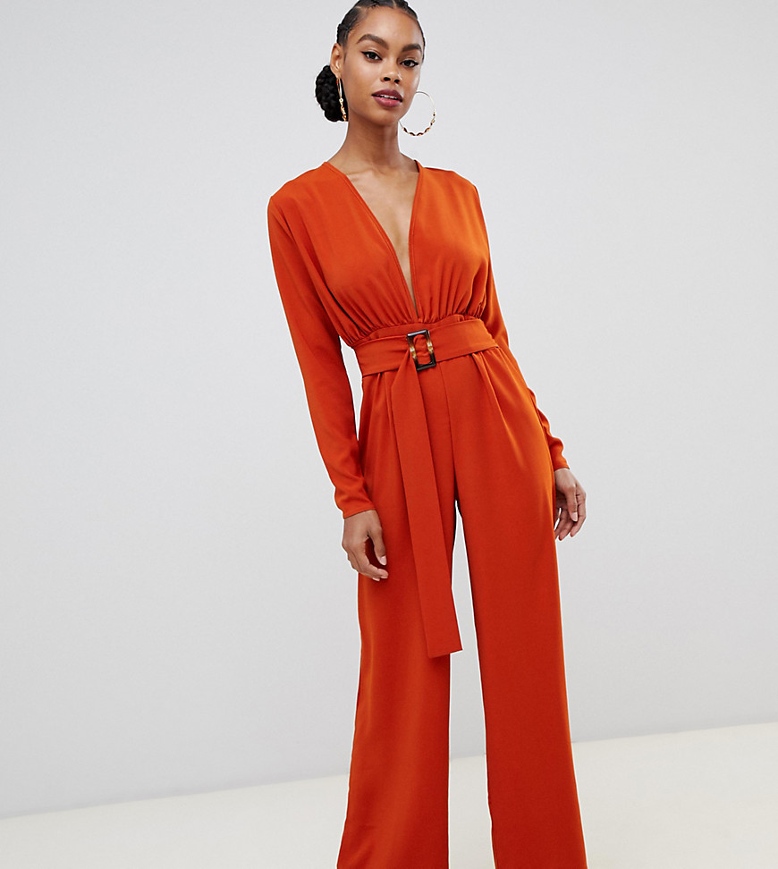 Boohoo belted plunge jumpsuit in rust