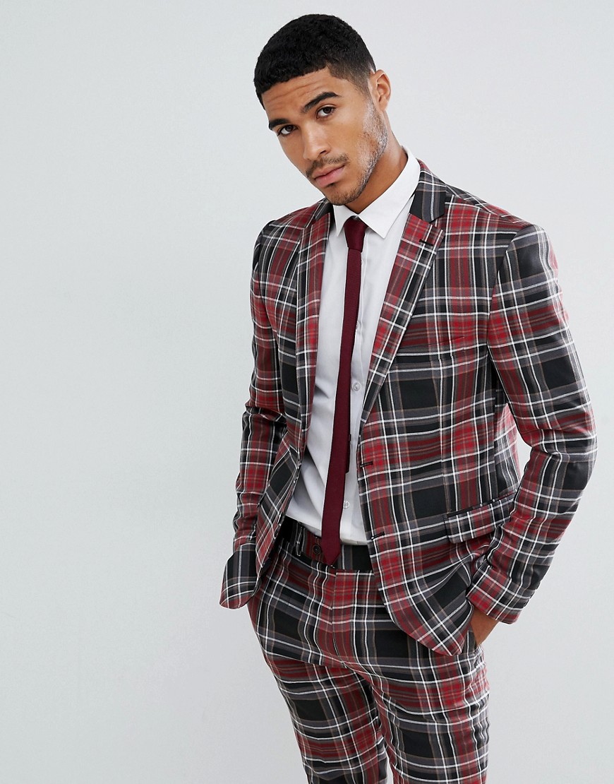 boohooMAN skinny fit large check suit jacket in red