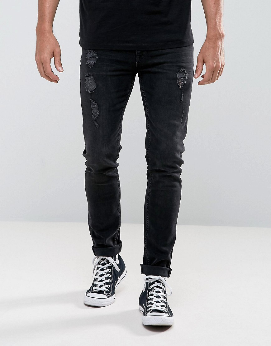 ASOS Skinny Jeans In 12.5oz Black With Rips