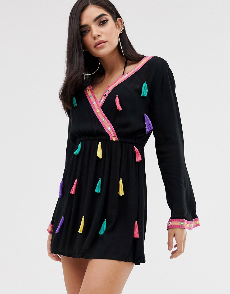 South Beach crinkle wrap neck beach dress with all over tassel detail