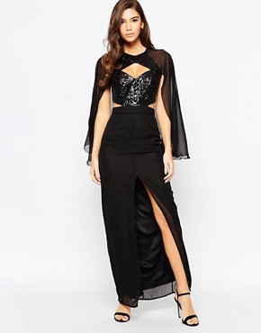 Elise Ryan Maxi Dress with Sequins and Cape Detail