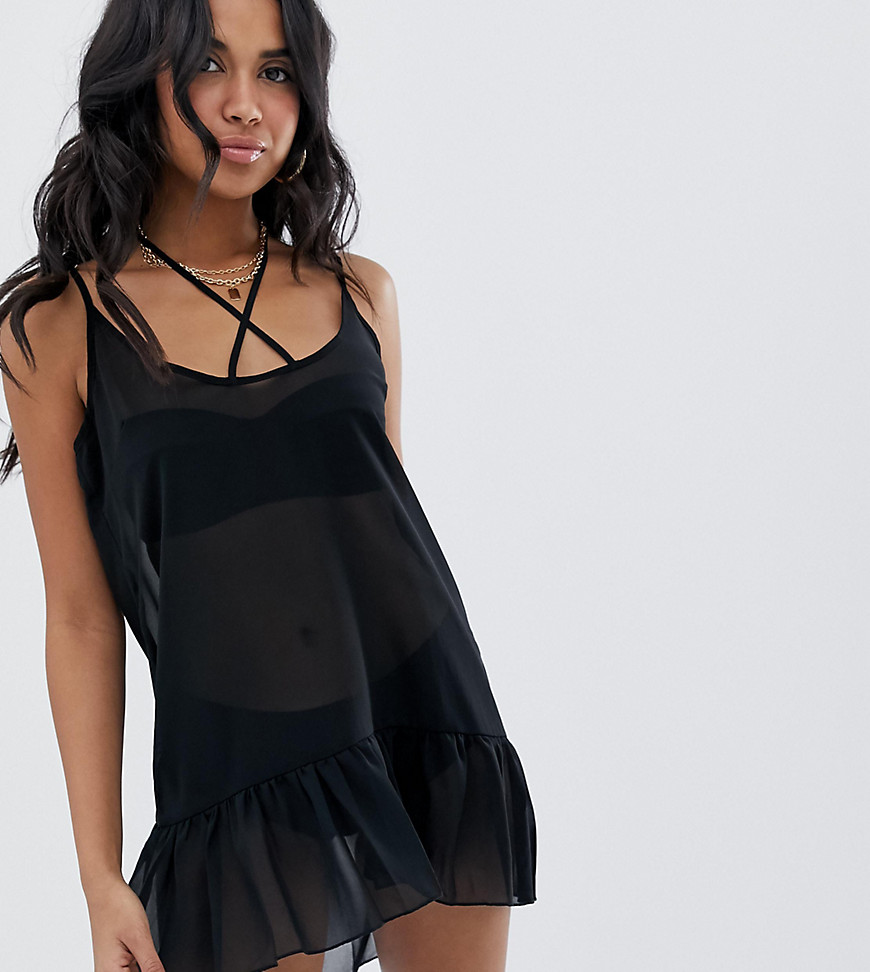 Missguided exclusive cami mini beach dress in black