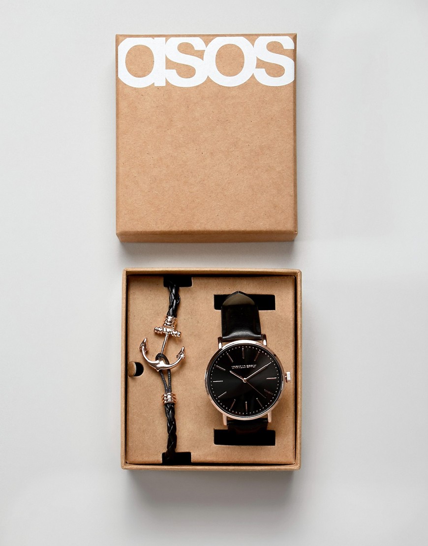 ASOS DESIGN watch and bracelet set with anchor in rose gold - Black