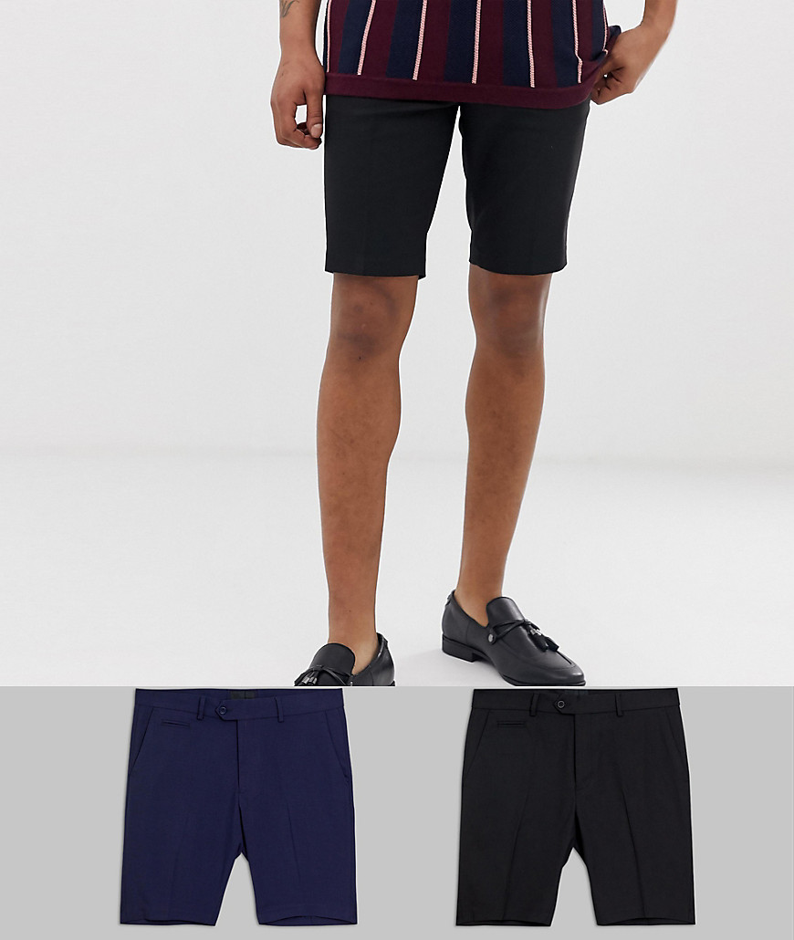 ASOS DESIGN 2 pack slim mid length smart shorts in black and navy SAVE