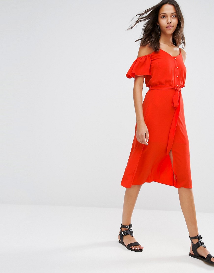 River Island | River Island Frill Cold Shoulder Button Front Dress at ASOS