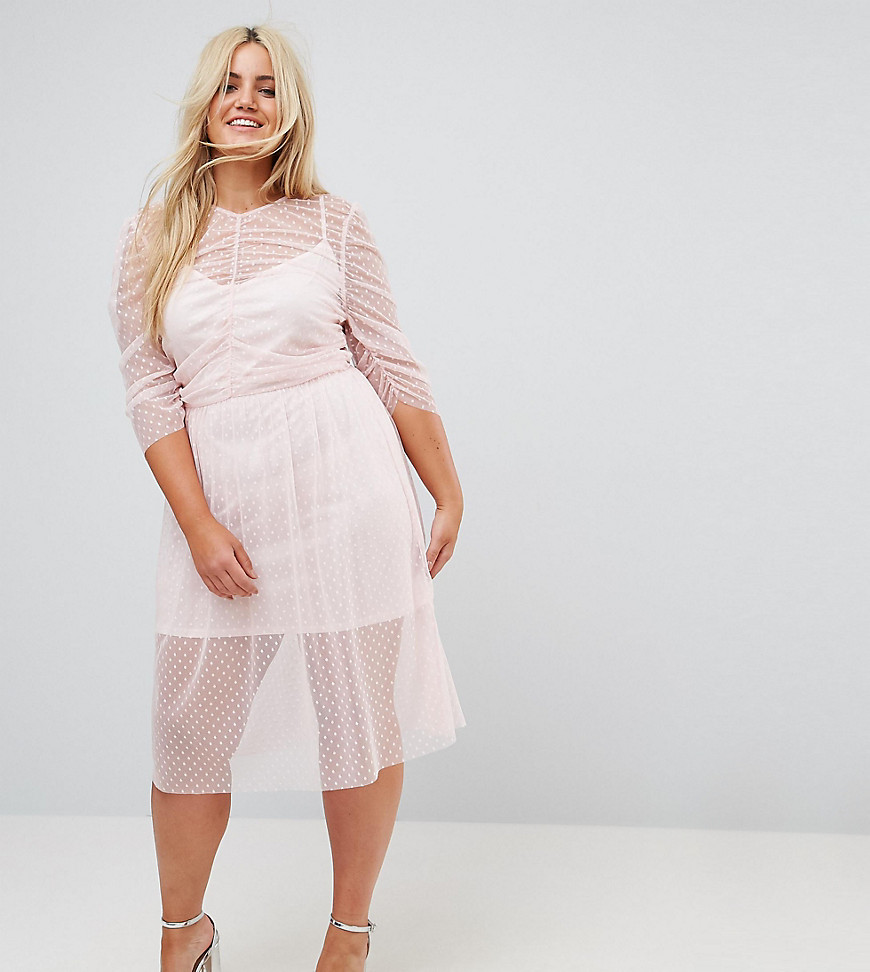 ASOS CURVE Ruched Midi Dress In Spot Mesh