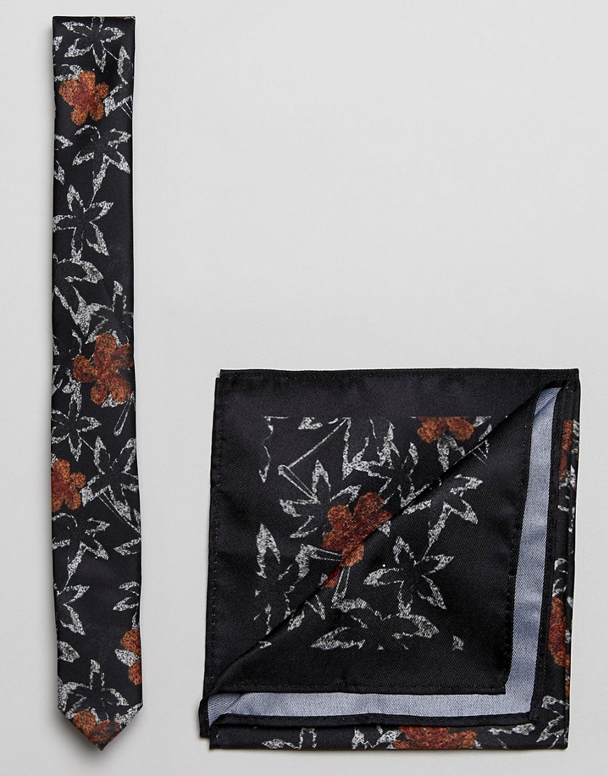 Черные галстук и платок для нагрудного кармана с цветочным принтом ASO Asos 