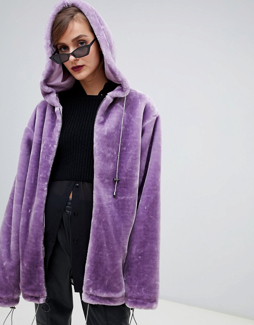 Story Of Lola Oversized Zip Front Hooded Jacket In Faux Fur