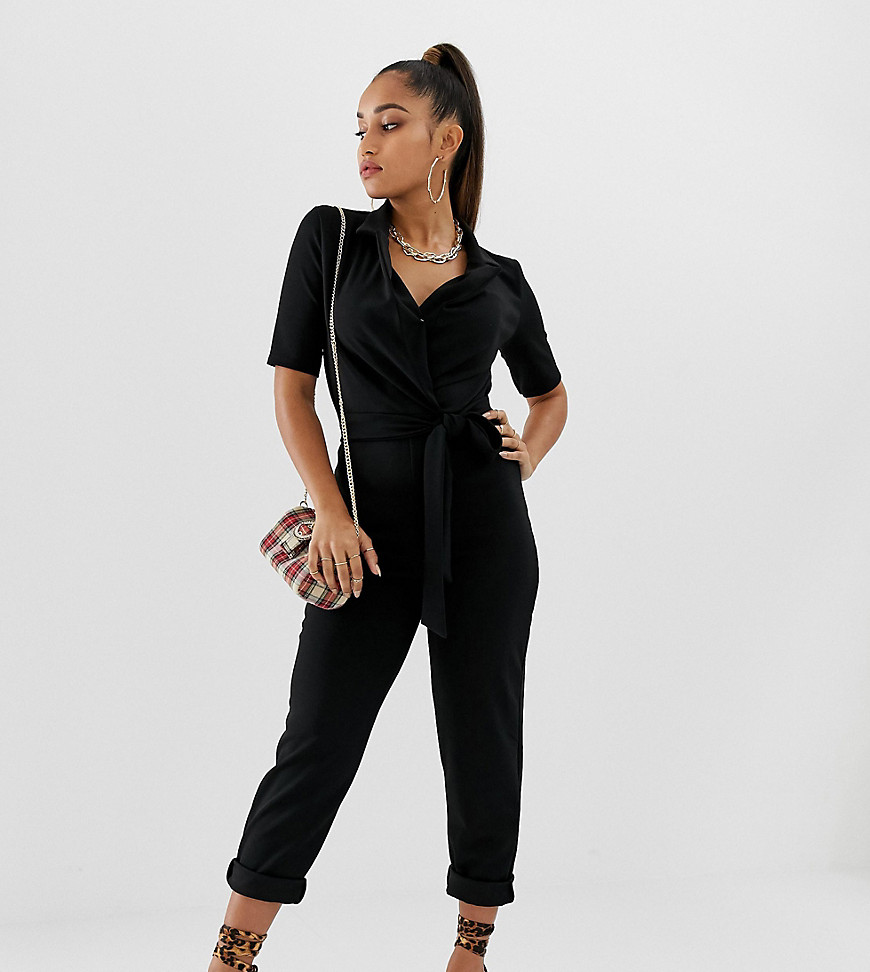 Boohoo Petite tailored wrap front jumpsuit in black