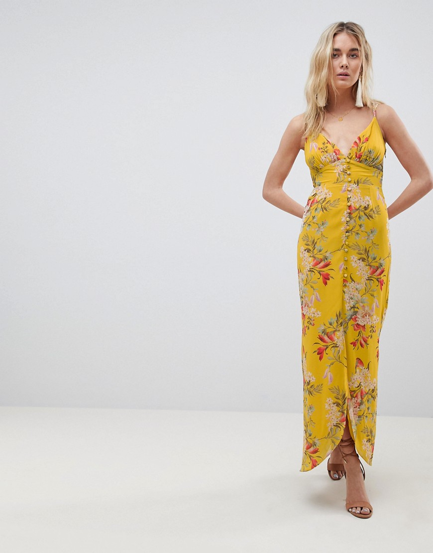 Hope & Ivy Cami Strap Button Front Maxi Dress With Cutout Back In Floral Print - Mustard print