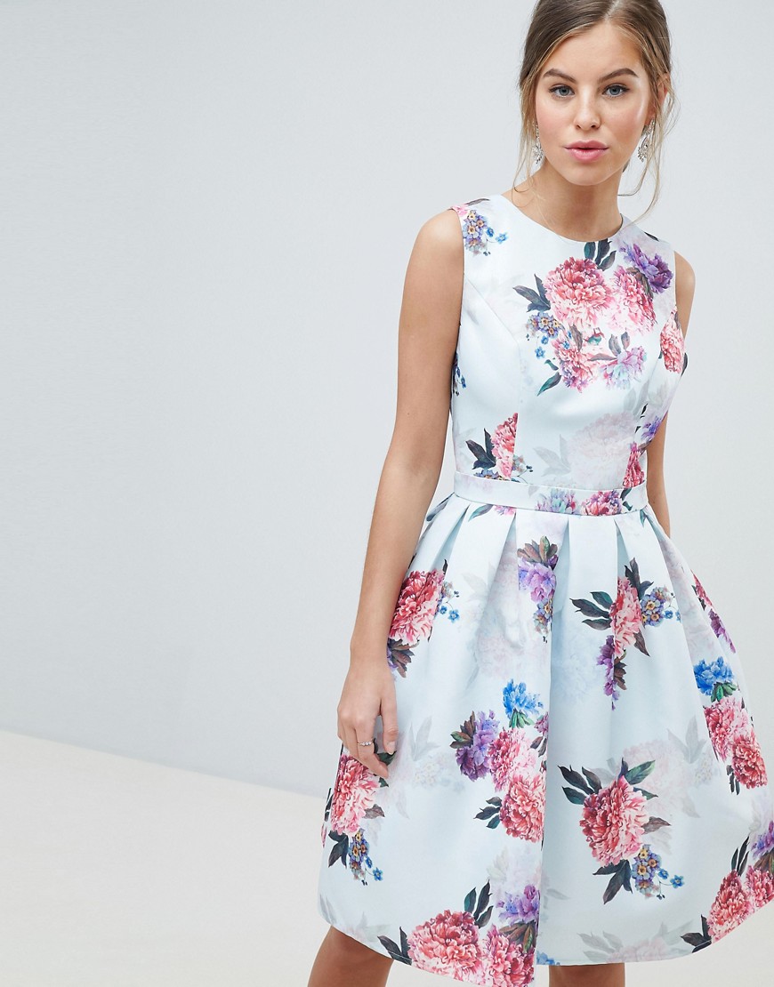 Chi Chi London Bow Back Midi Prom Dress in Floral Print