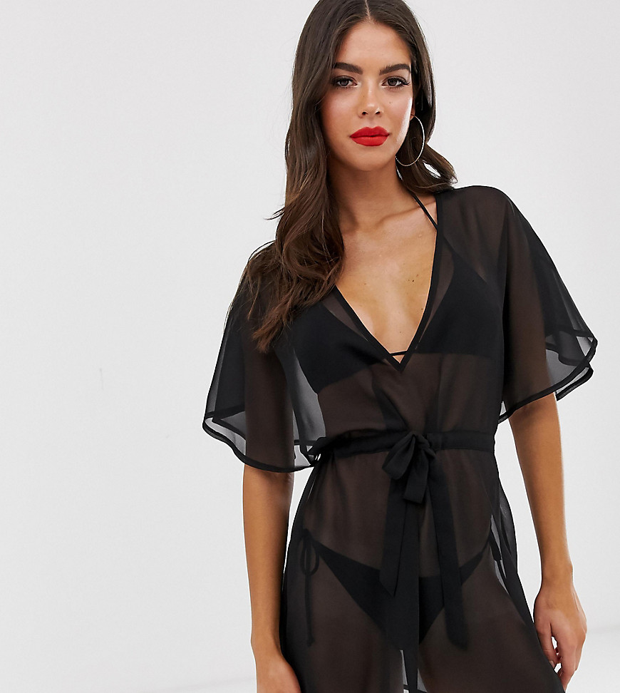 ASOS DESIGN Tall recycled tie waist cape back chiffon beach cover up in black