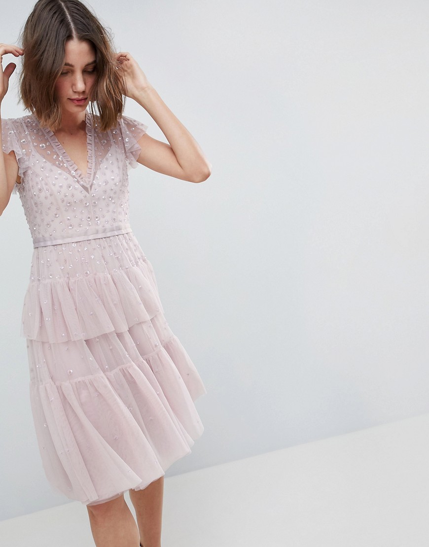 Needle & Thread Layered Midi Dress With Lace Detail - Lilac