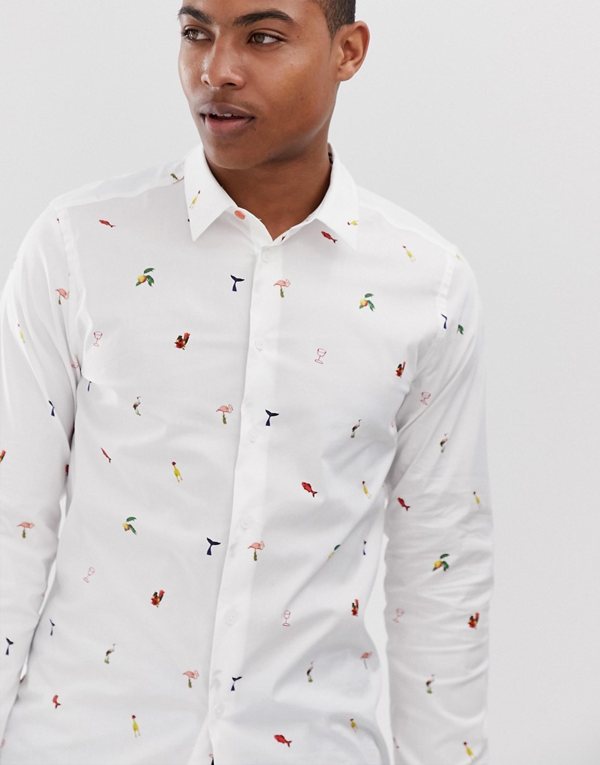 PS Paul Smith slim fit long sleeve mini print shirt in white