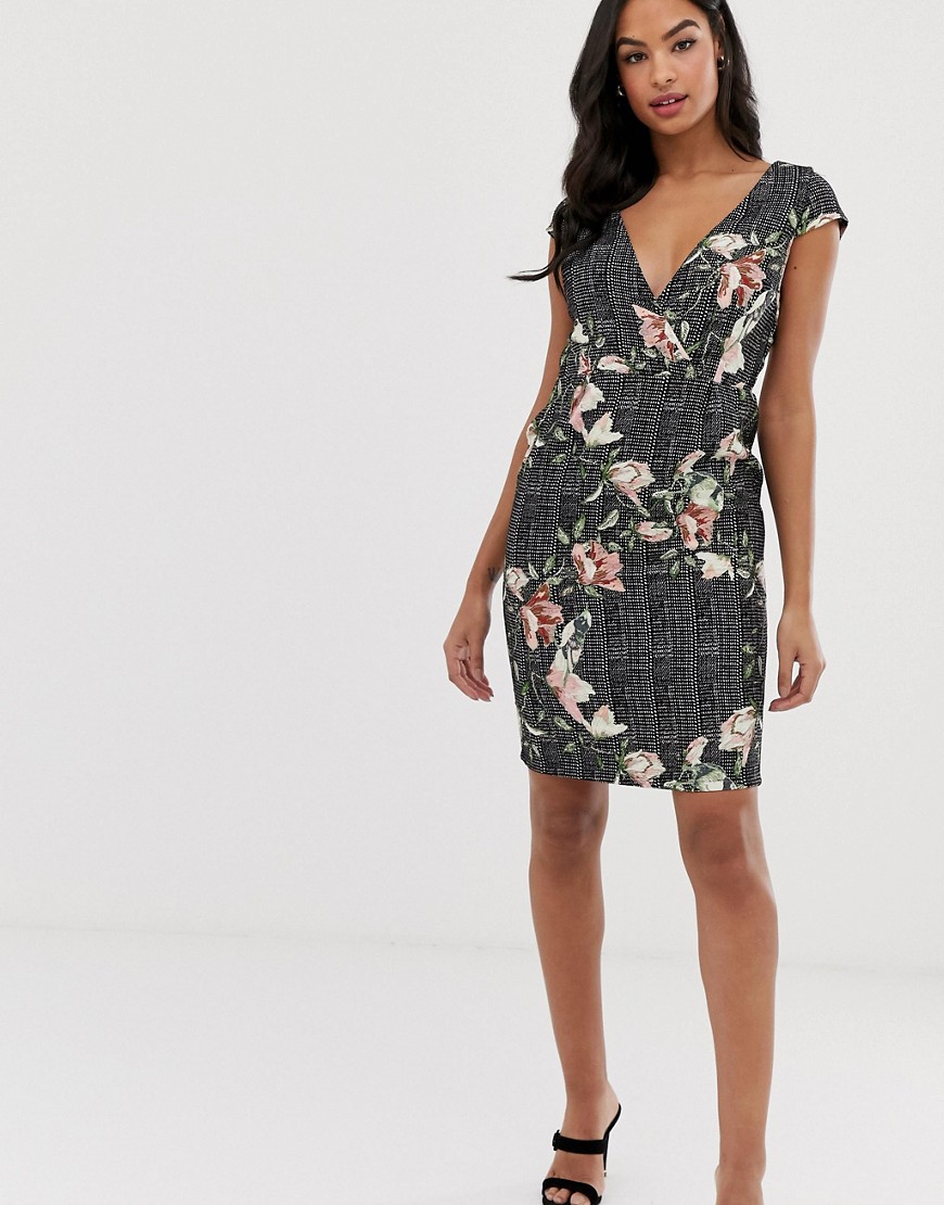 Paper Dolls short sleeve floral and check jacquard mock wrap pencil dress
