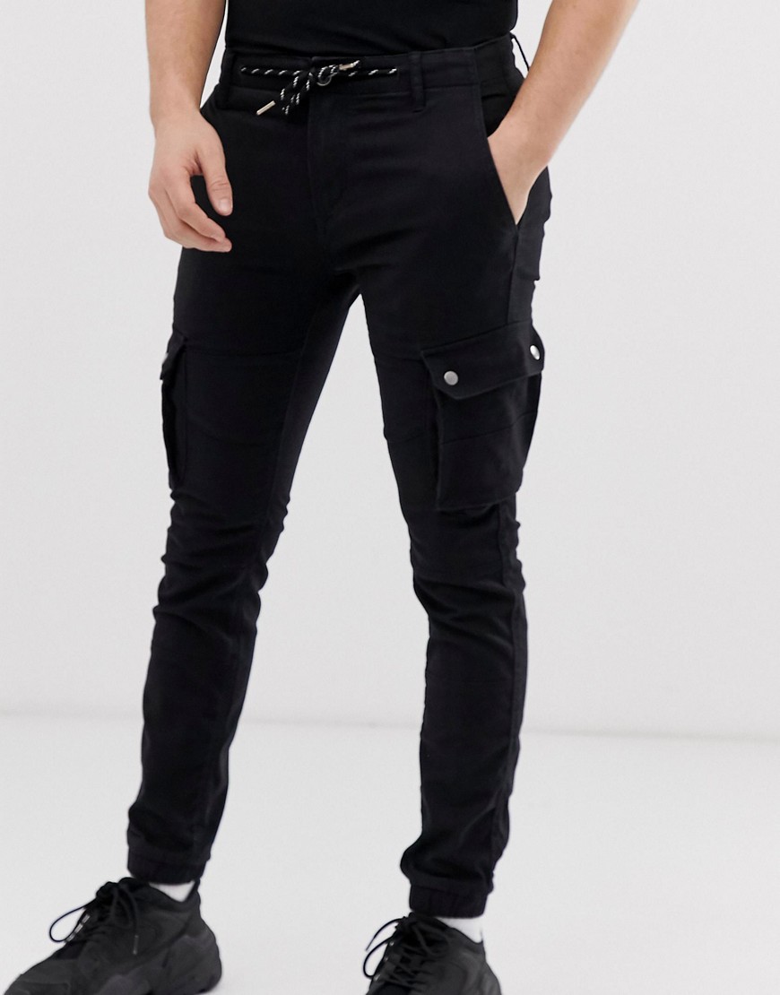 Celio cargo trousers with drawstring waist in black