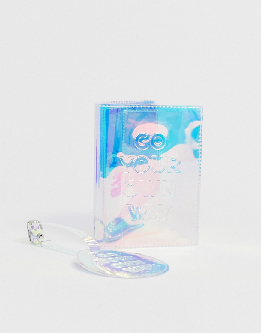 Monki holographic passport holder and travel tag in blue