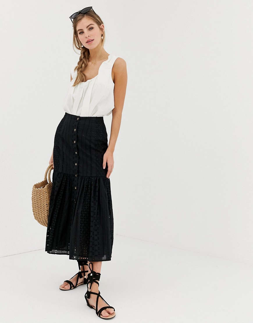 Asos Design Broderie Midi Skirt With Dropped Waist-black