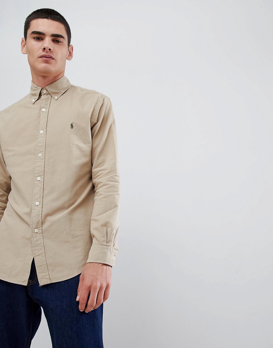 Polo Ralph Lauren slim fit garment dyed shirt player logo button down in beige