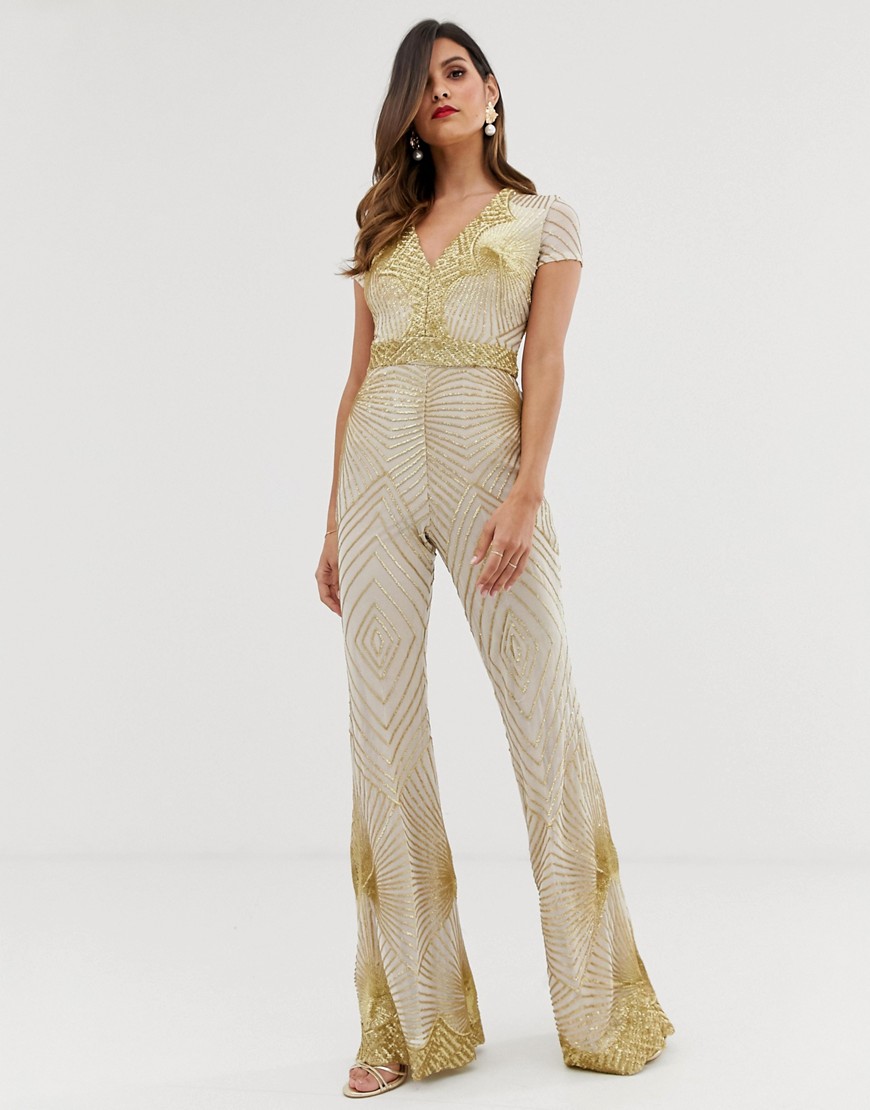 Goddiva plunge front sequin jumpsuit with flared leg in white and gold