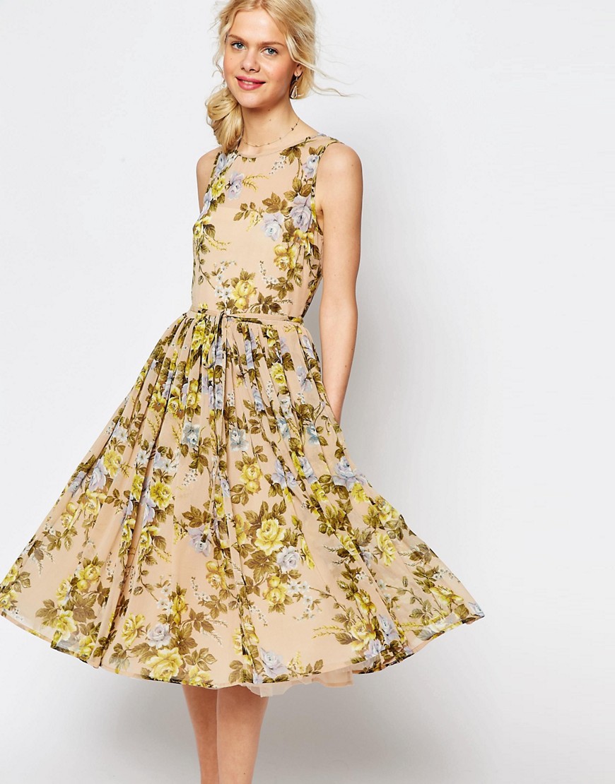 ASOS | ASOS Soft Midi Prom Dress In Yellow Rose Print at ASOS