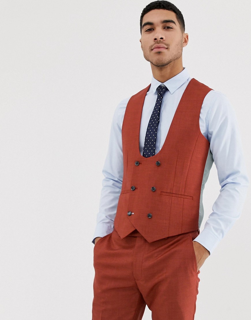 Harry Brown skinny fit burnt red stretch textured curved waistcoat