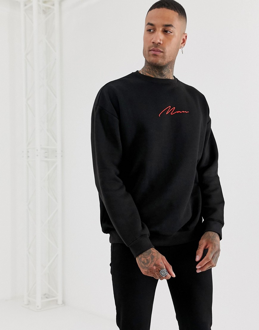 boohooMAN sweat with man embroidery in black