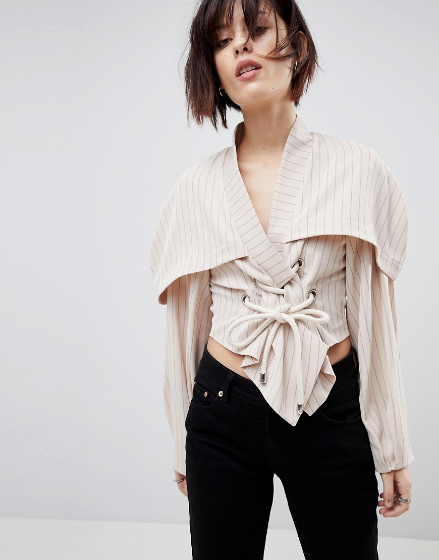 ASOS WHITE Striped Top With Rope Tie Up Detail - Stone