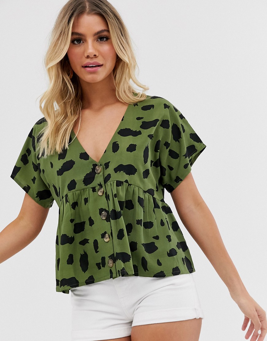 Influence button front short sleeve top in khaki