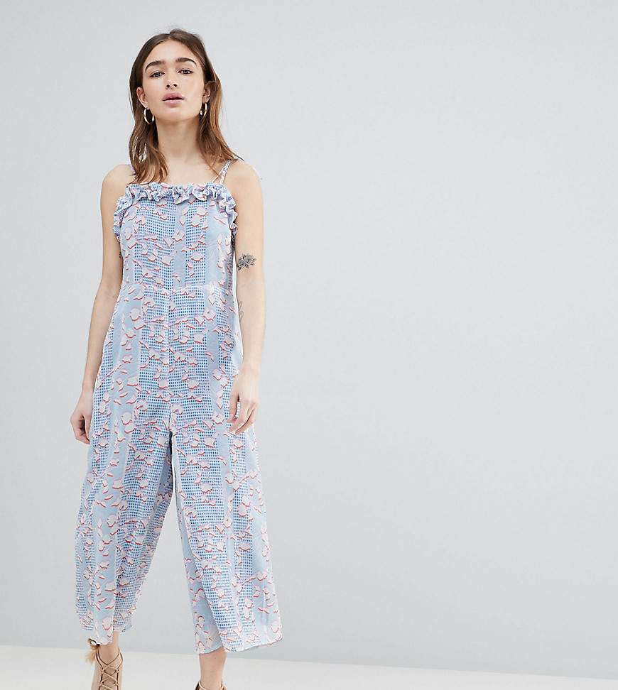 Lost Ink Petite Jumpsuit With Frill Hem In Pastel Print