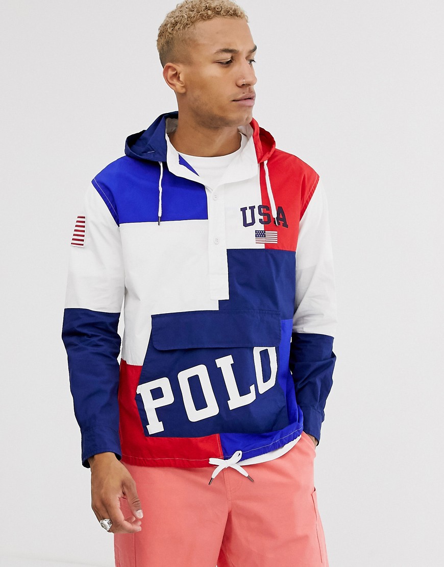 Polo Ralph Lauren colourblock logo print overhead hooded jacket in red/white/blue