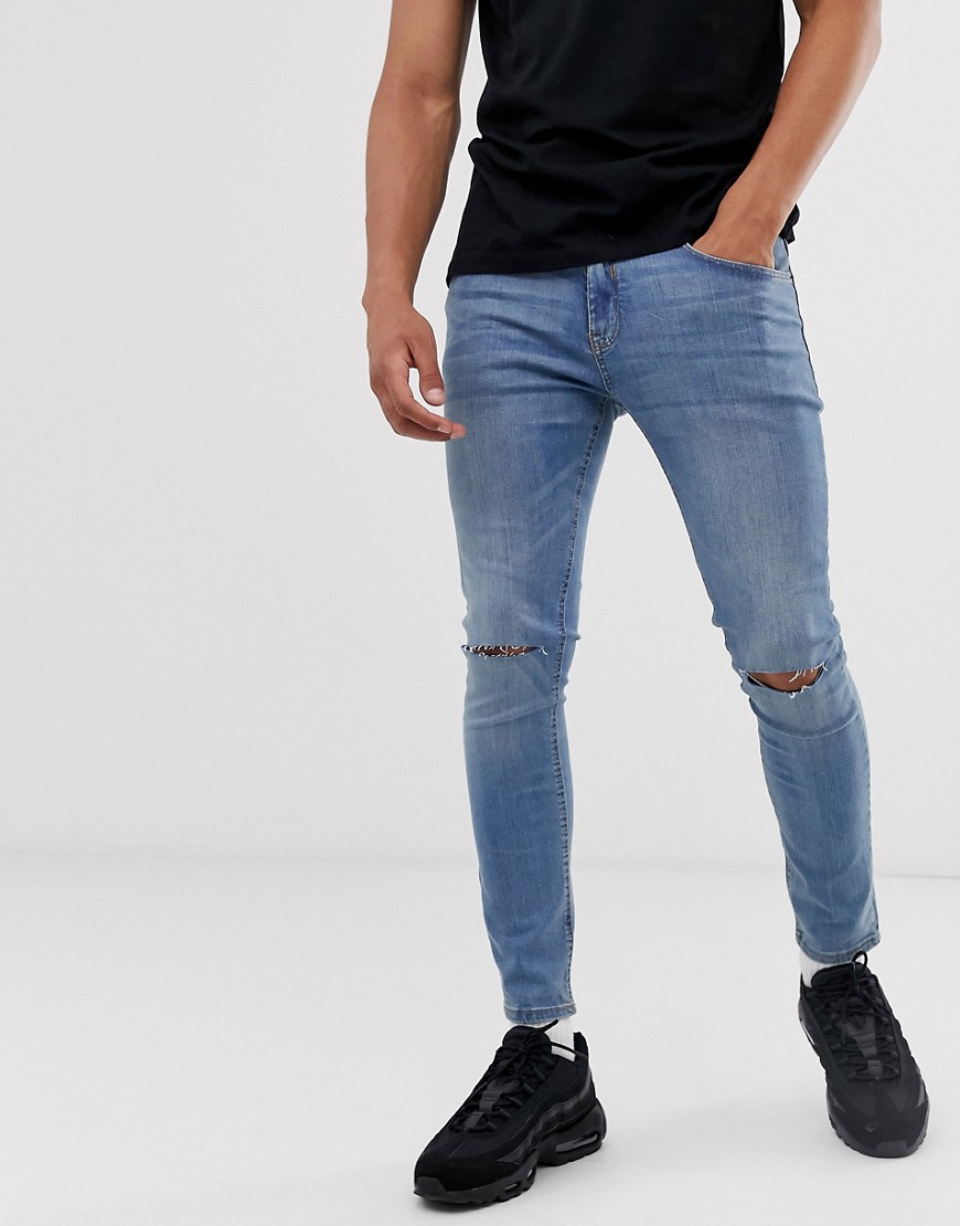 Pull&bear Super skinny jeans with knee rips in mid blue