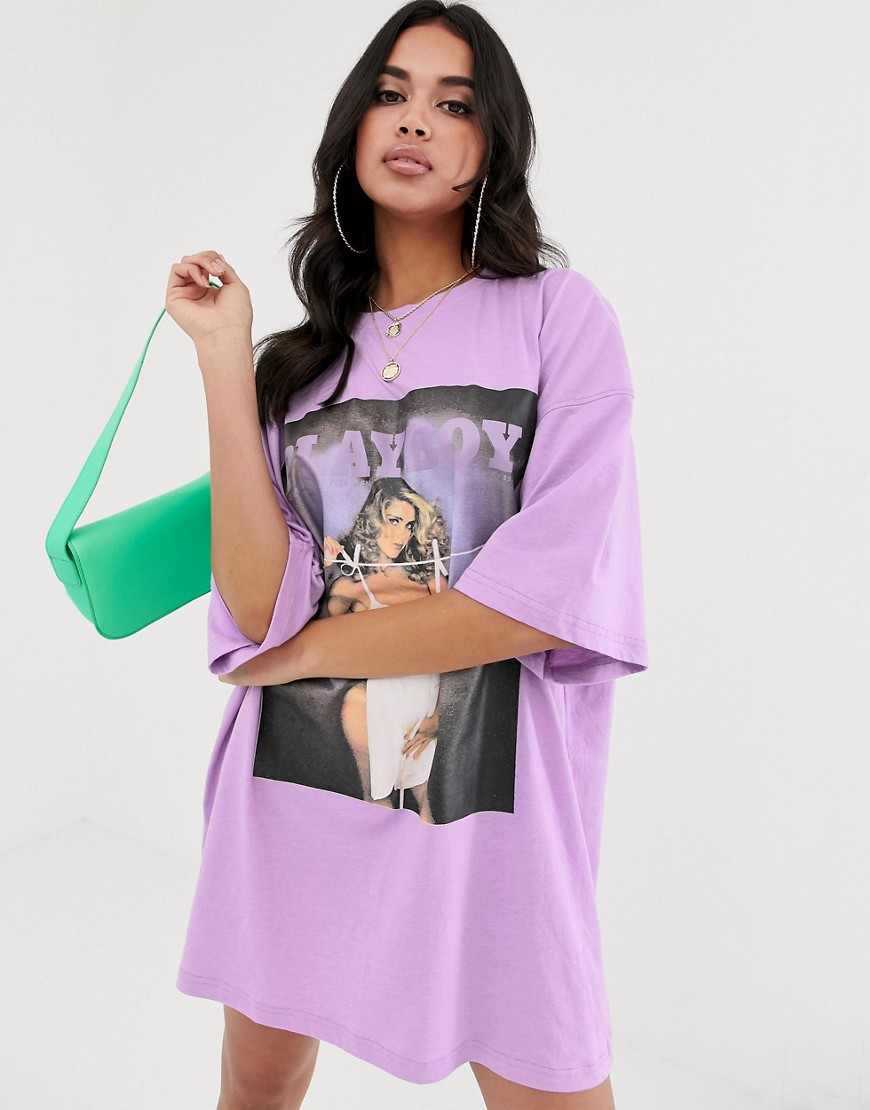 Missguided Playboy t-shirt dress with magazine print in purple