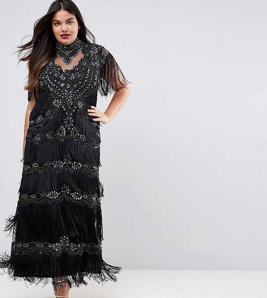A Star Is Born Plus Embellished Maxi Dress With Tiered Fringing And Cap Sleeve - Black