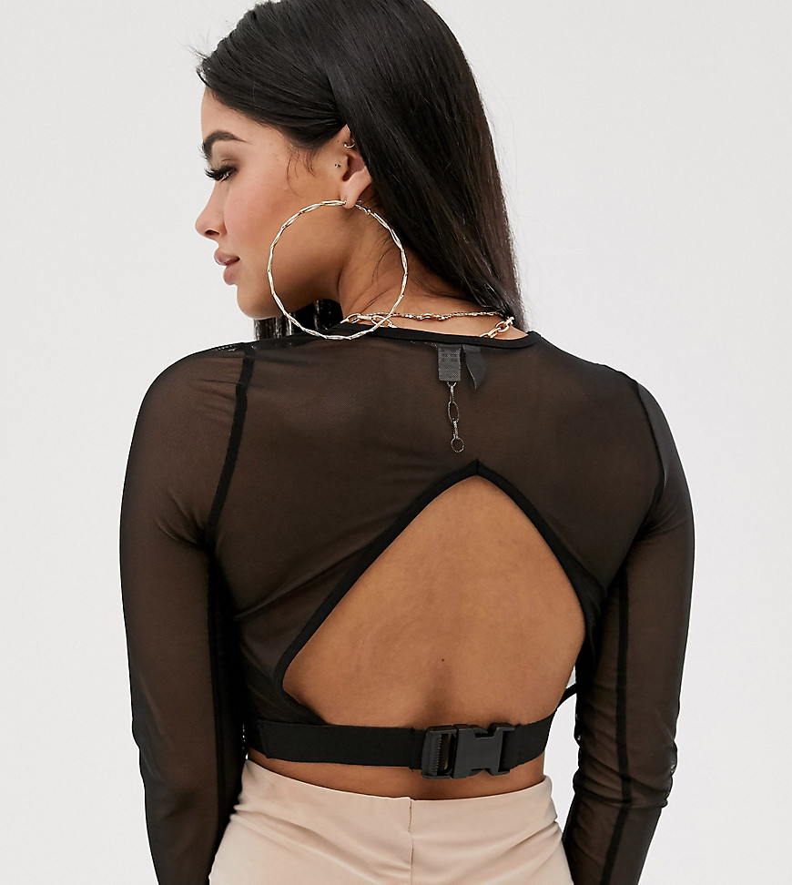 ASOS DESIGN Petite long sleeve mesh top with cut out front and clip back