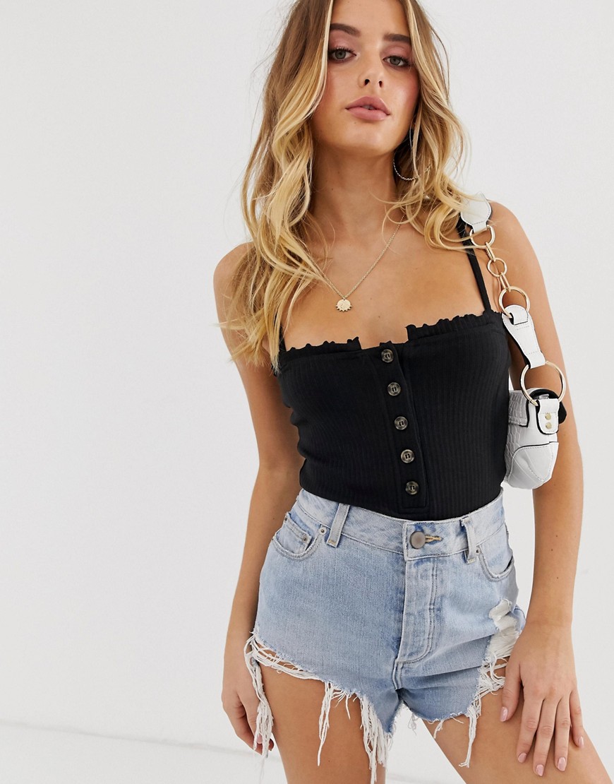 Missguided button front bodysuit with lettuce edge