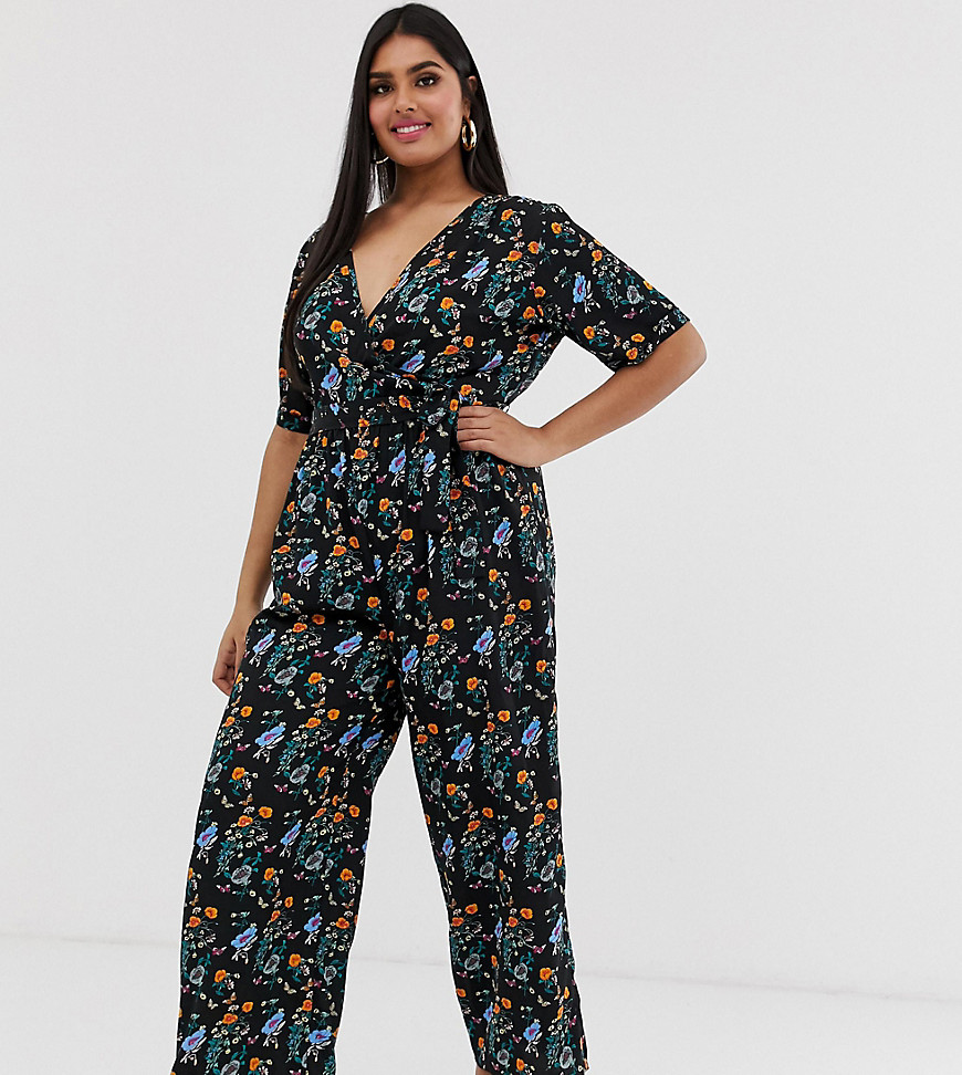 Yumi Plus wrap front jumpsuit in floral meadow print