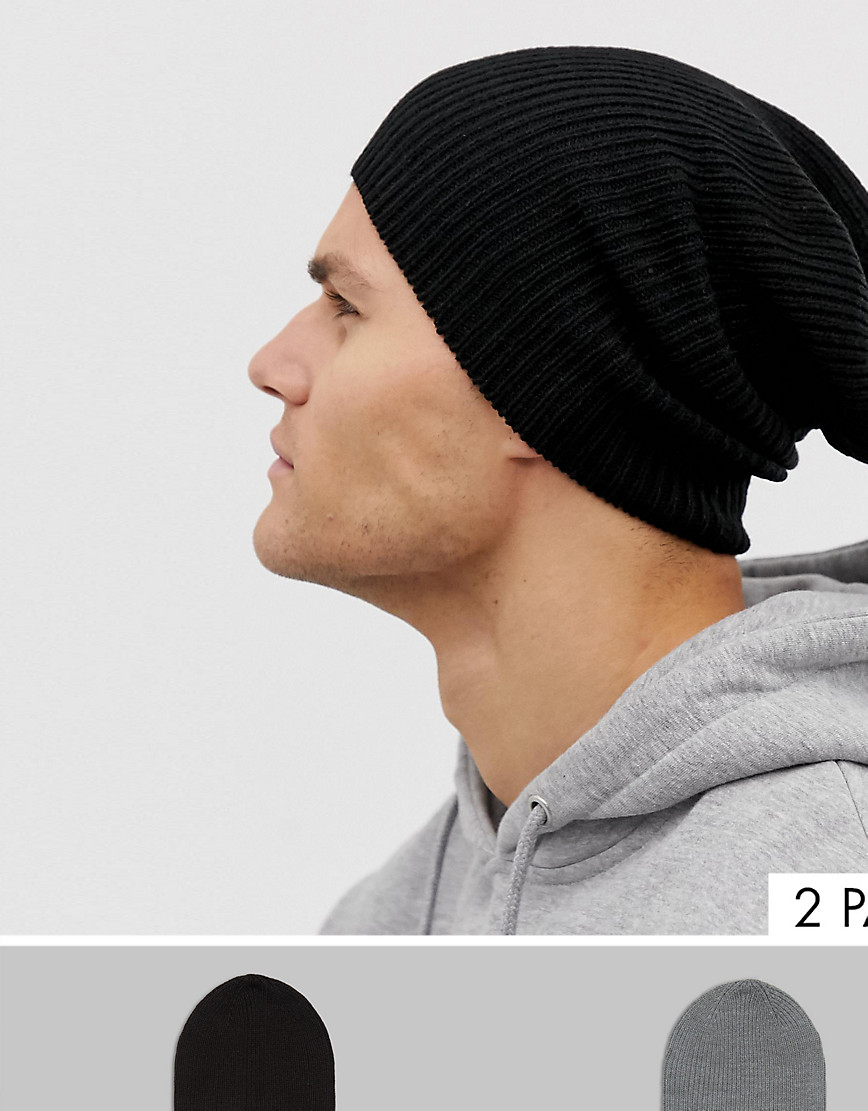 ASOS DESIGN slouchy beanie 2 pack in black and grey save