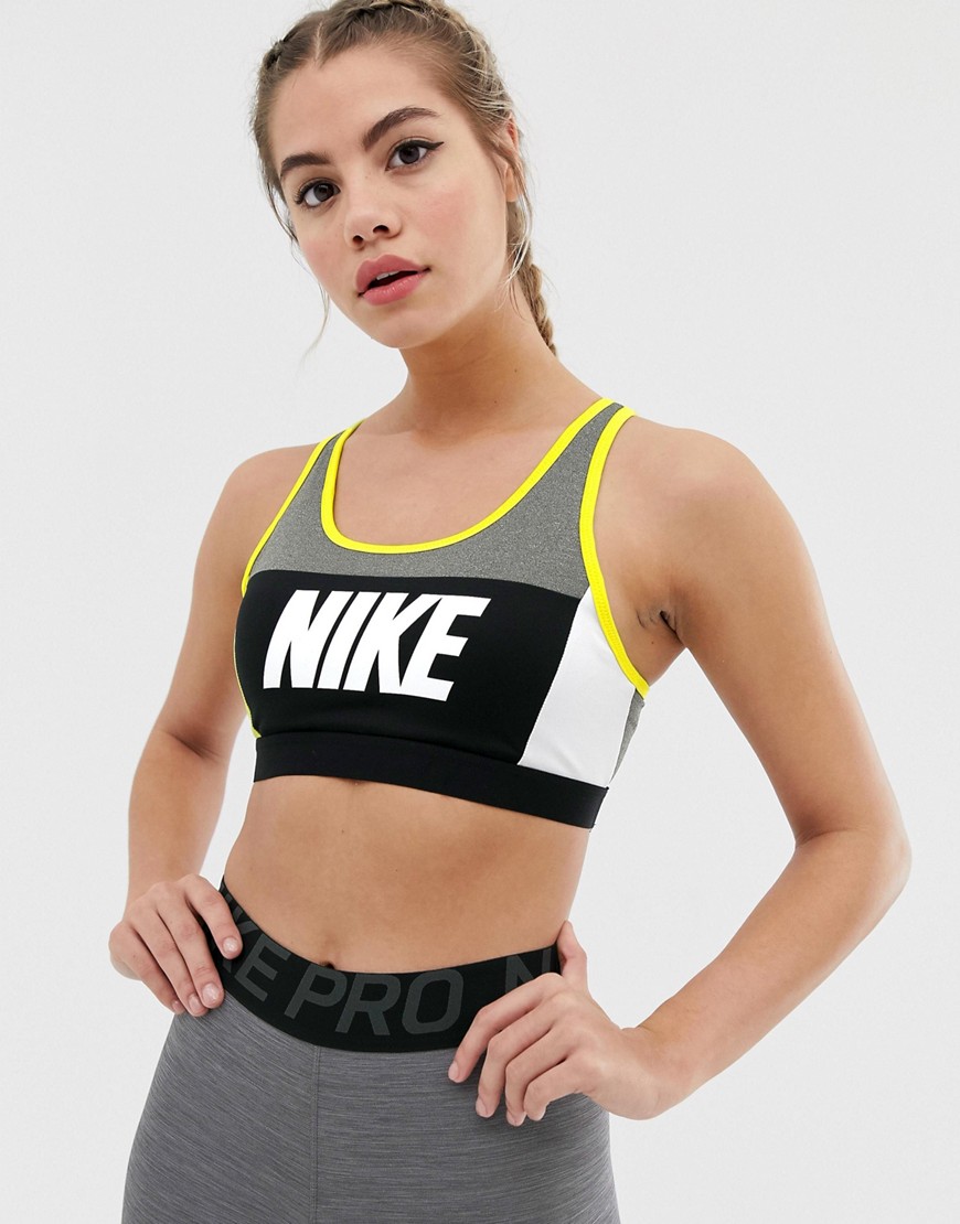 Nike Training grey and yellow colourblock bra
