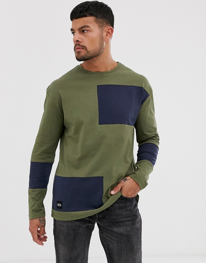 Native Youth long sleeve top in khaki with abstract colour blocking in navy