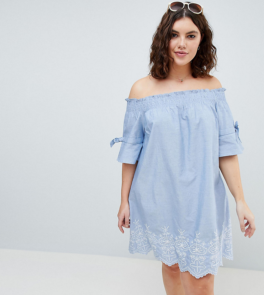 Influence Plus Shirred Sleeve Bardot Dress With Embroiderry Detail - Blue