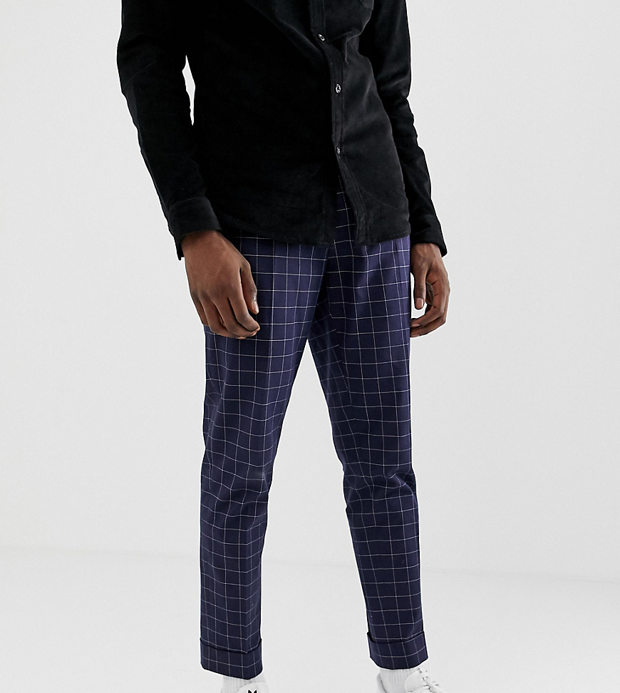 ASOS DESIGN Tall tapered smart trouser in navy and white windowpane check