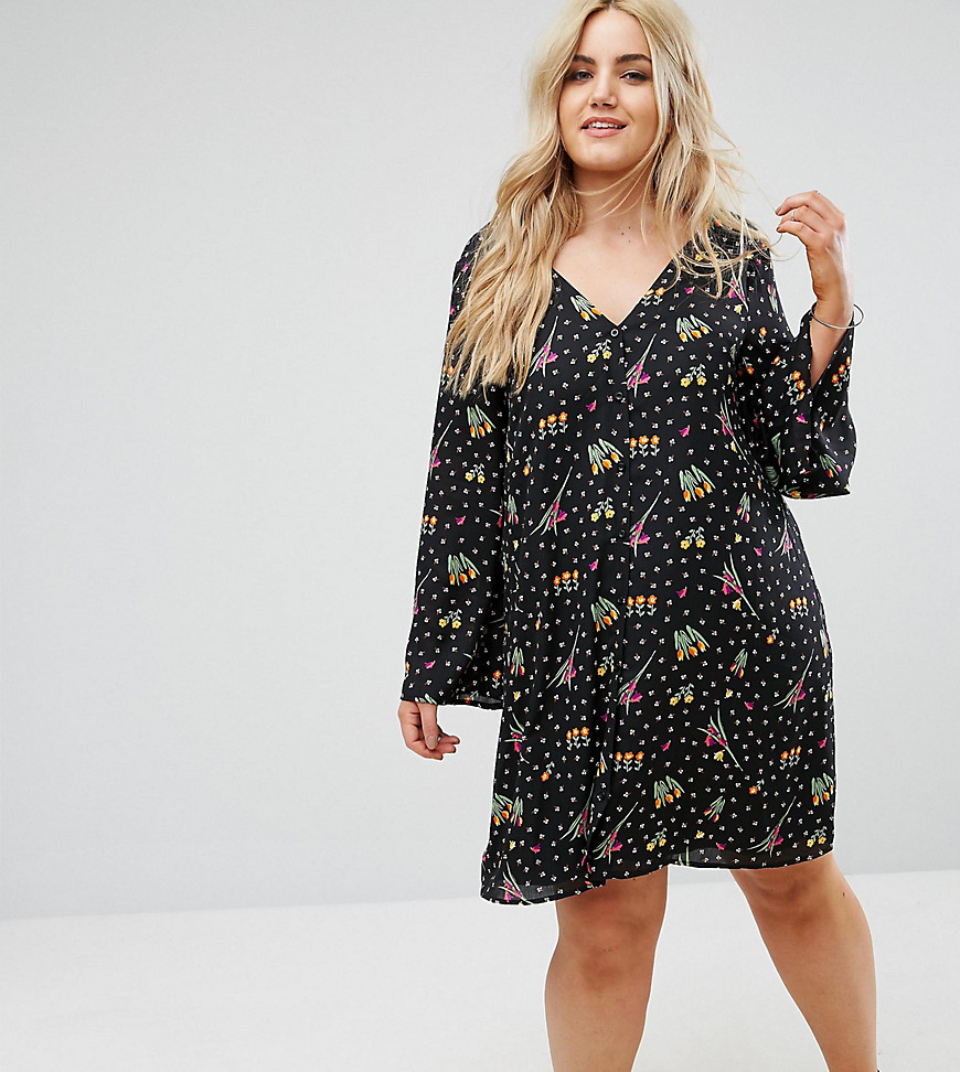 Alice & You Button Front Long Sleeve Swing Dress - Black