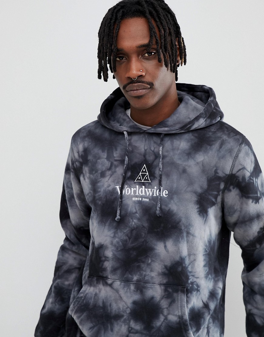 HUF worldwide tie dye hoodie with embroidered logo in black - Black