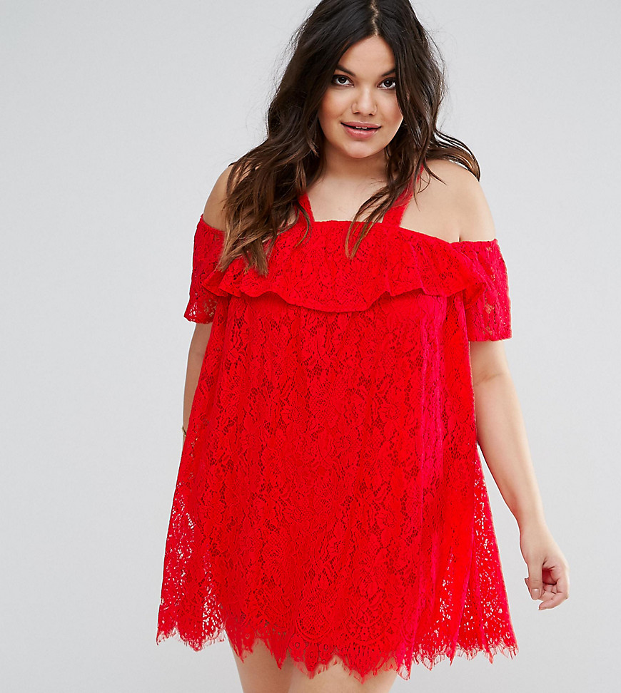 Missguided Plus Cold Shoulder Lace Shift Dress - Red