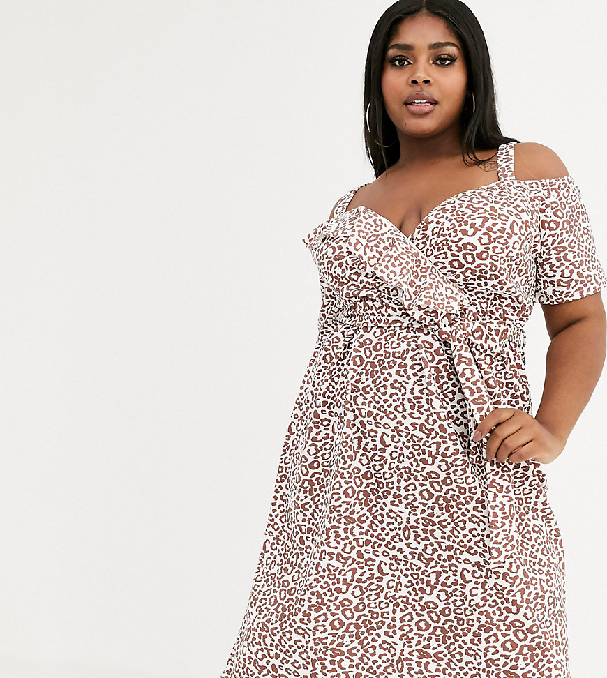 Boohoo Plus midi dress with cold shoulder and ruffle detail in animal print